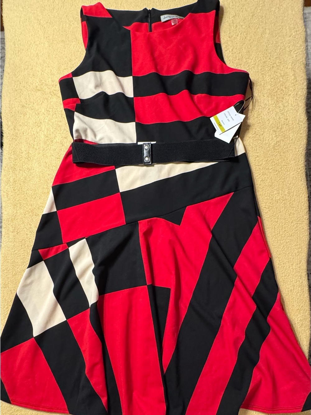 Danny & Nicole Red, Black & Cream Geometric A-Line Dress with Belt